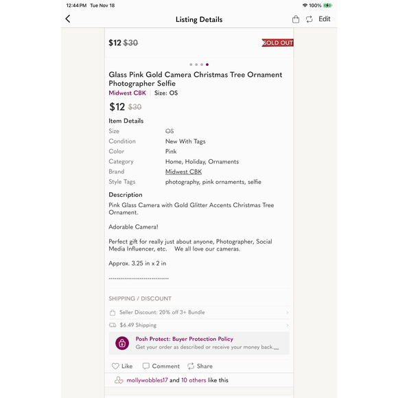 Pink Gold Glass Camera Holiday Christmas Ornament NEW - Picture 4 of 4